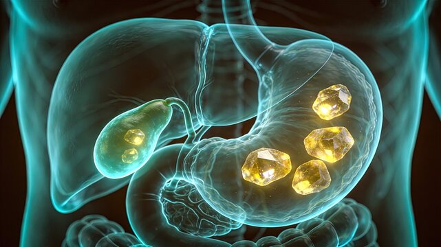 Gallstones in transparent gallbladder 3D medical illustration