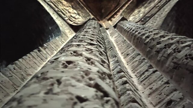 Nizam al Mulk Dome interior shows the high cupola and carved stone detail in close view.
