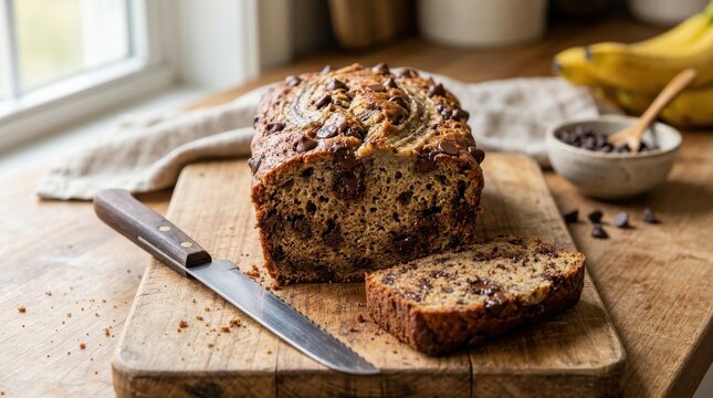 Delicious Chocolate Chip Banana Bread Loaf with Slice