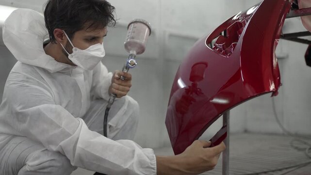Latin Mechanic Spray Painting Red Car Part In Auto Body Repair Shop