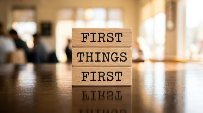 First Things First Message on Stacked Wooden Blocks for Prioritization and Time Management Concept