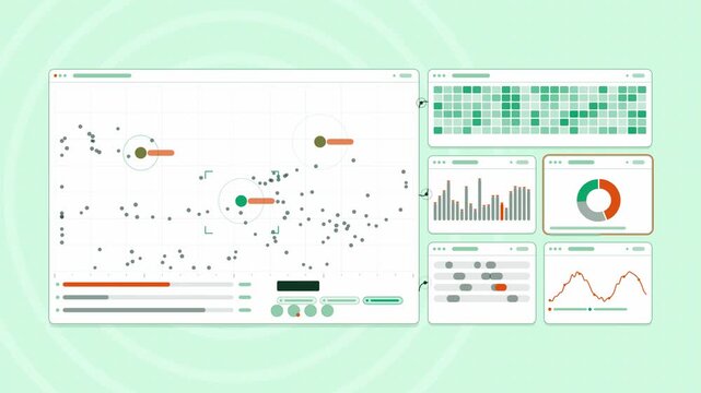 Animated disaster monitoring resources allocating in green and teal on a bright white background. Seamless looping 4K dashboard motion graphics with free space for text, ideal for product videos, busi