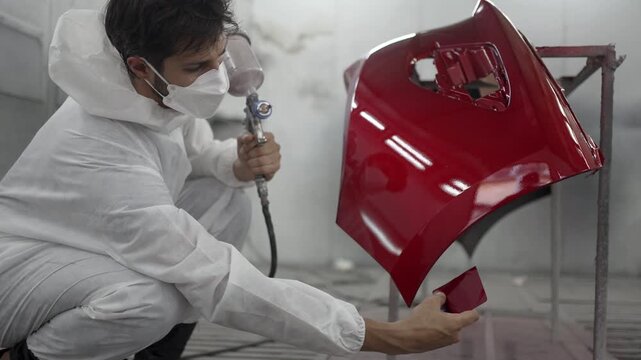 Latin Mechanic Spray Painting Red Car Part In Auto Body Repair Shop