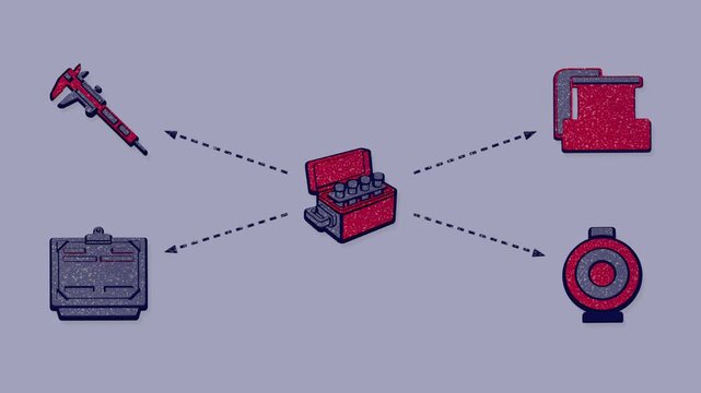 Sampling verifies a batch by measuring a specimen with a caliper, checking tolerance against gauge blocks, and filing the result for archive retention. Flat 3D style with a dry silkscreen texture.