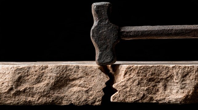 oldfashioned. An old iron hammer poised to strike the cracked edge of a stone slab. safety posters, maintenance manuals, designed for industrial assembly lines and welding operations.