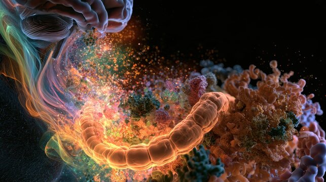 A diverse microbial ecosystem in the gut. Glowing compounds like GABA and serotonin rise to the brain from the gut.