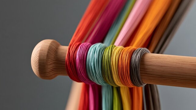 Local Flavor craft photo: a traditional wooden weaving loom with bright colorful threads stretched across it, on a solid warm grey workshop wall.