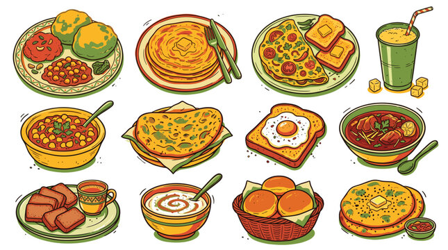 Pakistani Breakfast Vector Clipart Set, Halwa Puri and Paratha Illustration for Desi Food Menu Design