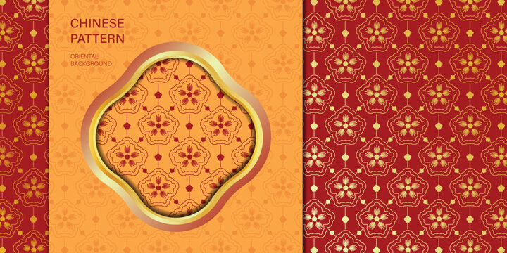 Chinese oriental vector seamless pattern background with red and orange floral geometry, gold layered frame and traditional Asian decorative ornament