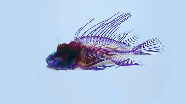 A colorful scientific specimen of a fish prepared through diaphonization or "clearing and staining" revealing the complex bone and cartilage structures of the fish, using Alcian blue to stain cartilag