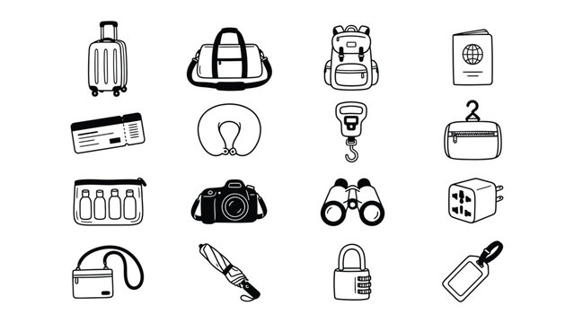 Travel Essentials Icons: A collection of simple, stylized line art icons representing various travel necessities and accessories, including luggage, tickets, passport, camera, and more.