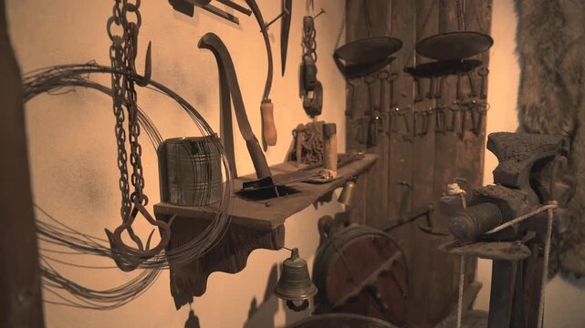 Antique household object rests inside historic room, weathered tool or lamp from rural past.