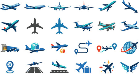 Fototapeta premium Commercial aviation transport and global air cargo logistics flat vector icons set with airplane flight routes airport runway and parcel delivery illustrations