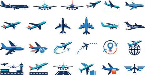Fototapeta premium Commercial aviation transport and global air cargo logistics flat vector icons set with airplane flight routes airport terminal and parcel delivery illustrations