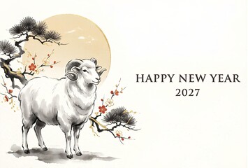 Obraz premium 水墨画風の羊と松竹梅を描いた渋くてかっこいい年賀状テンプレート