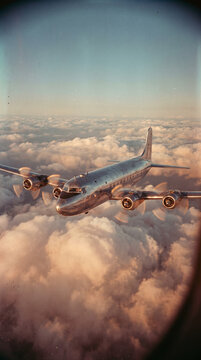 Vintage Four‑Engine Airliner Above Clouds