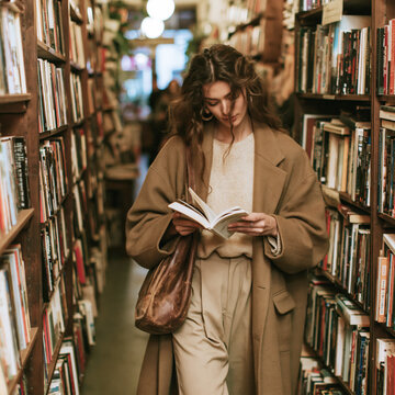 Young Woman Reading a Book in Library
