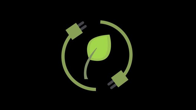 Green energy leaf and electric plug icon animation on alpha channel