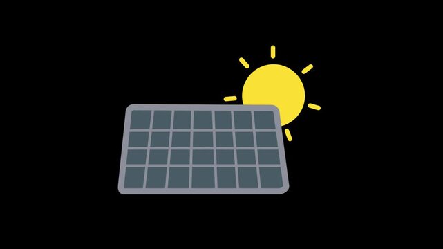 Solar panel and sun flat icon animation on transparent background