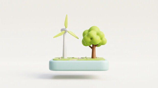 Windmill and green tree on small floating eco island platform