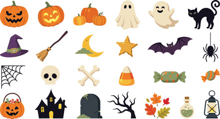 Obraz premium Cute Halloween holiday sticker pack and flat design spooky badge vector set with ghost pumpkin black cat and candy corn cartoon illustrations