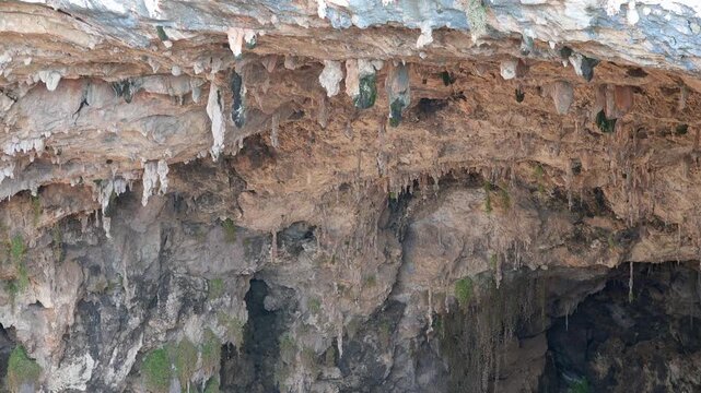 Rock soil layers line cave wall with stalactites, sediment bands underground geology detail.