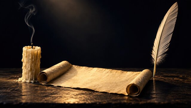 An unrolled parchment scroll rests beside a quill and a burning candle. The feather stands upright against a dark background. Biblical scripture and ancient scribe tradition.