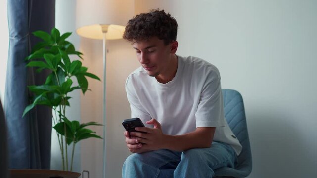 Young man using a voice assistant on a smart speaker