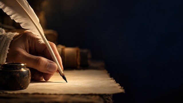 A hand writes on a sheet of parchment with a feather quill. An inkwell sits beside the parchment page. Scribe practice and handwritten manuscript production for literary study.