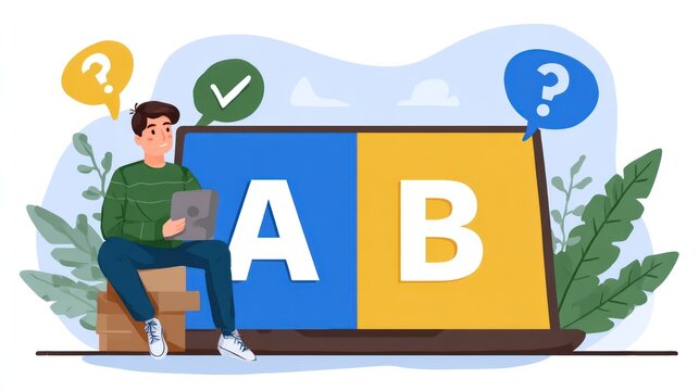 Person sitting, laptop with A/B test options