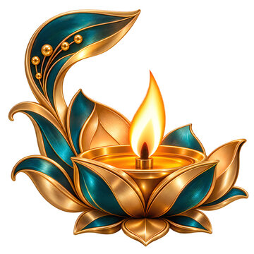 Beautiful glowing diya lamp with golden and teal lotus flower petals for diwali festival celebration