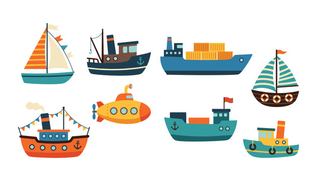 Cute cartoon water transport collection with sailboat cargo ship submarine cruise liner steam boat tugboat icons flat vector illustration isolated on white background