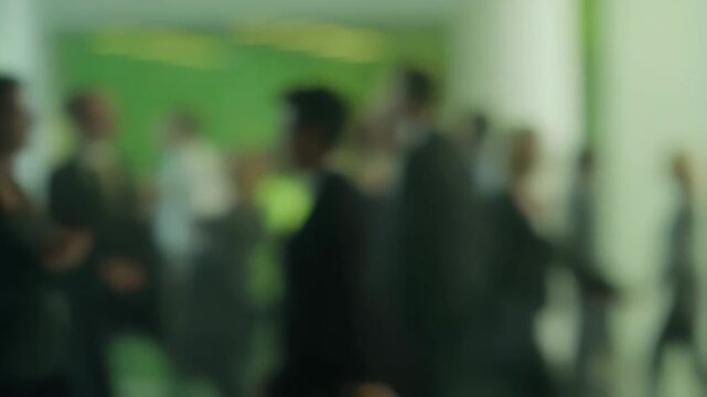 Business networking crowd standing and conversing in a softly defocused modern indoor venue. Business presentations, corporate event promotion, and professional networking campaigns.