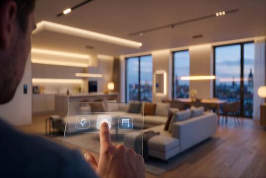 Man touching transparent holographic interface to control smart home in modern living room at dusk