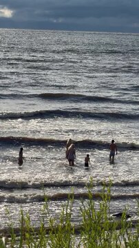 People wading and playing in rolling ocean waves beneath dramatic clouds, viewed from a vegetated shoreline on a bright coastal day