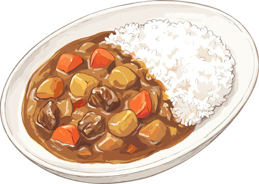 A Bowl of Savory Curry with Rice: A delicious and hearty bowl of Japanese curry served with fluffy white rice, featuring tender chunks of meat, potatoes, and carrots in a rich, flavorful sauce.