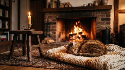Obraz premium A ginger cat sleeps on a knitted blanket by a roaring fireplace, with a candle on a stool nearby. Concept of warmth, relaxation, and home comfort, ideal for lifestyle and interior designs. Generative