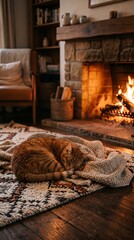 Fototapeta premium A ginger cat sleeps on a knitted blanket by a roaring fireplace, with a candle on a stool nearby. Concept of warmth, relaxation, and home comfort, ideal for lifestyle and interior designs. Generative