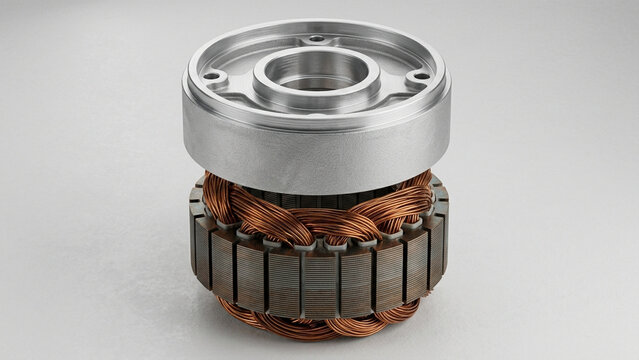 Close-up view of an electric motor armature with copper windings and a metallic housing.