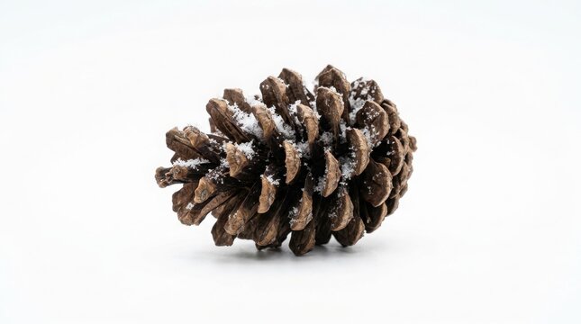 Single brown pinecone with light snow dusting isolated on a clean white background