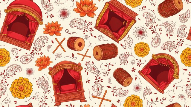 Seamless pattern of traditional indian wedding elements with mandap drum and marigold flowers