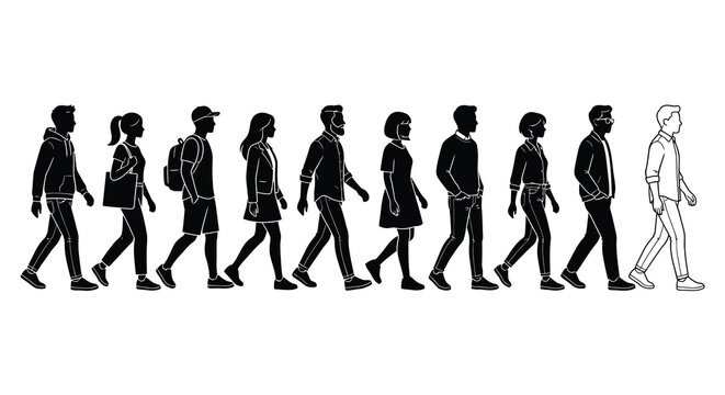 People walking silhouettes demonstrate a sequence of human locomotion