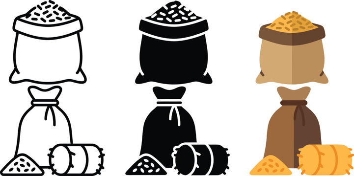 Livestock feed vector illustration set. Line art, minimalist pictogram, and colorful flat style icons of animal forage sacks, hay bales, and agriculture grains.