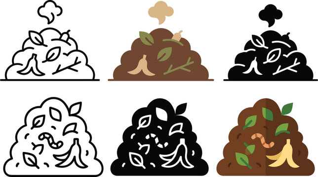 Compost vector illustration set. Line art, minimalist pictogram, and colorful flat style icons of organic recycling, fertilizer bins, and garden soil humus.