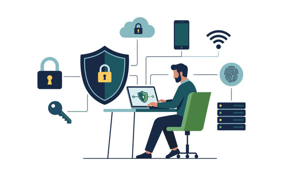 A man working on a laptop surrounded by digital security icons representing cybersecurity and data protection concepts