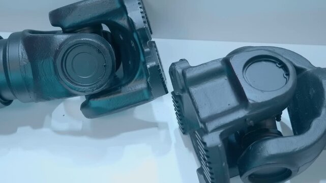 Truck cardan shaft and joints via crosspieces (unequal velocity joint, asynchronous joint). Closeup. Shot in motion