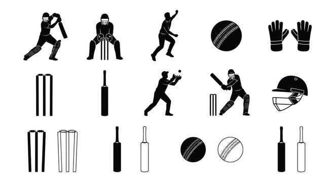 Cricket silhouettes depicting players equipment and wickets on a white background