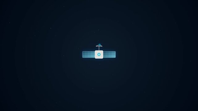 Minimalist digital satellite icon orbiting in deep space