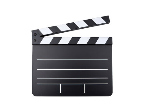 Movie Clapperboard: A classic black movie clapperboard with white stripes stands open, ready for action on a film set. Symbolizing the start of a production or a scene transition.