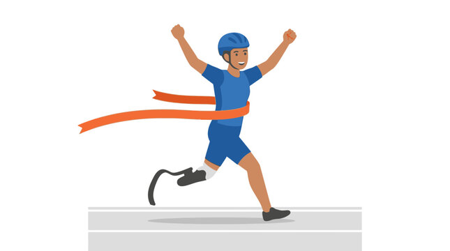 Athlete crossing finish line with prosthetic leg